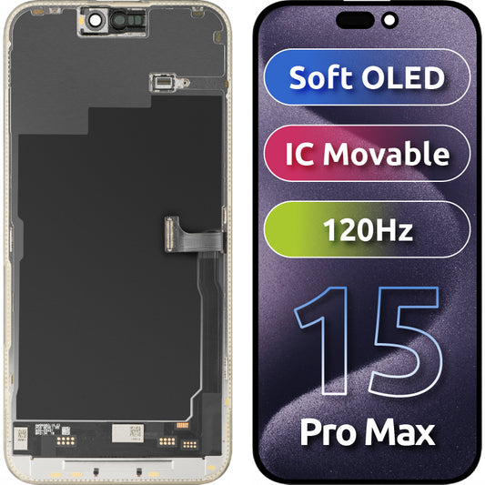 Display mit MP Touchscreen kompatibel mit Apple iPhone 15 Pro Max, mit Rahmen, Soft OLED IC Movable 120Hz FHD Version, Schwarz