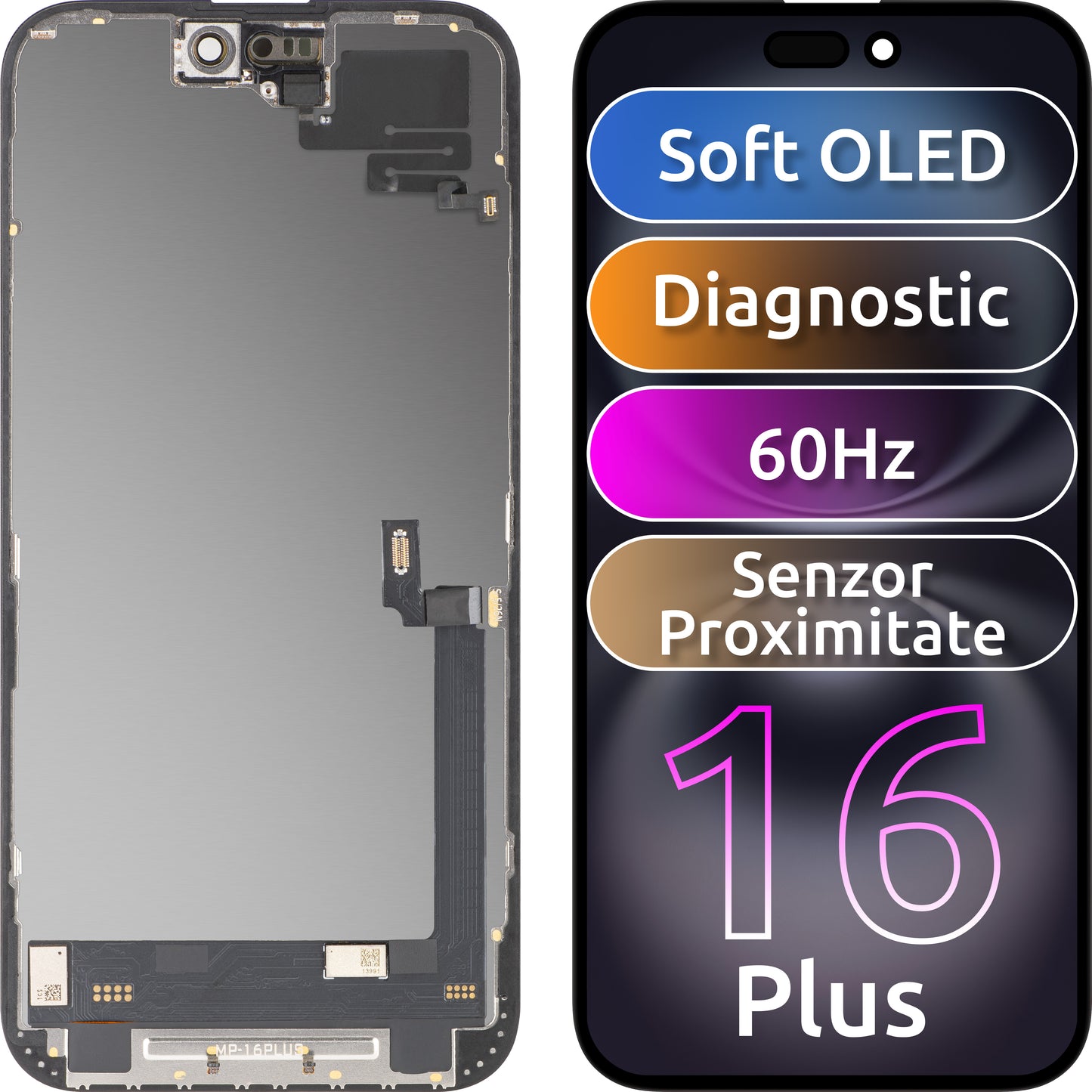 Touchscreen-Display mit MP-Näherungssensor kompatibel mit Apple iPhone 16 Plus, mit Rahmen, OLED FHD Diagnostic Softwareversion, Schwarz