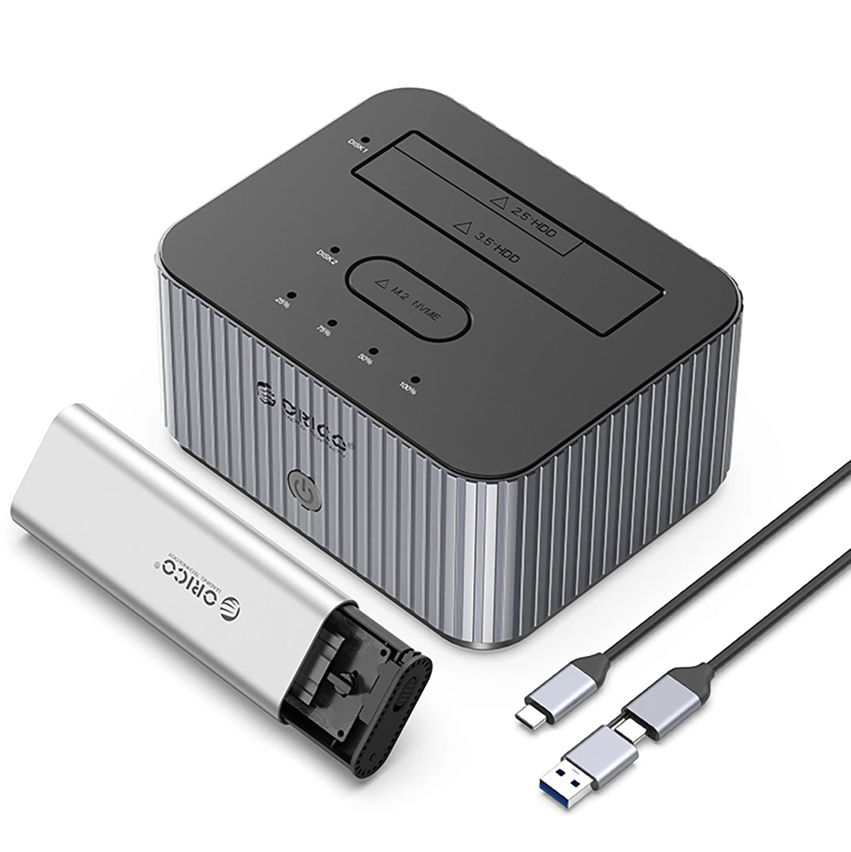 Orico IT28E-C Dockingstation für HDD / SSD SATA 2,5 Zoll / 3,5 Zoll - SSD SATA M.2 NVMe, Grau