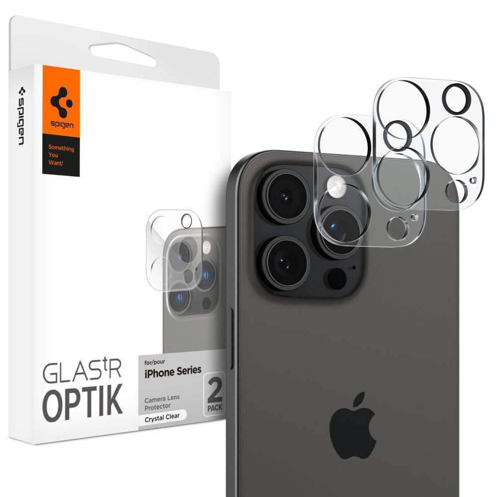 Spigen Optik Rear Camera Screen Protector for Apple iPhone 15 Pro Max / 15 Pro, Tempered Glass, Full Glue, Set of 2 pieces, Transparent