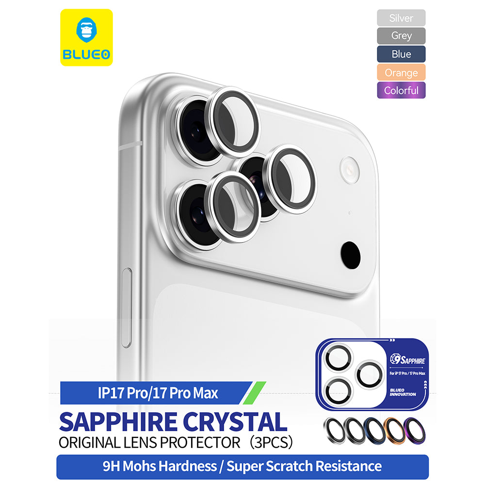 Schutzfolie Blueo Sapphire Crystal für die Rückkamera des Apple iPhone 17 Pro Max / 17 Pro, gehärtetes Glas, Silberfarben