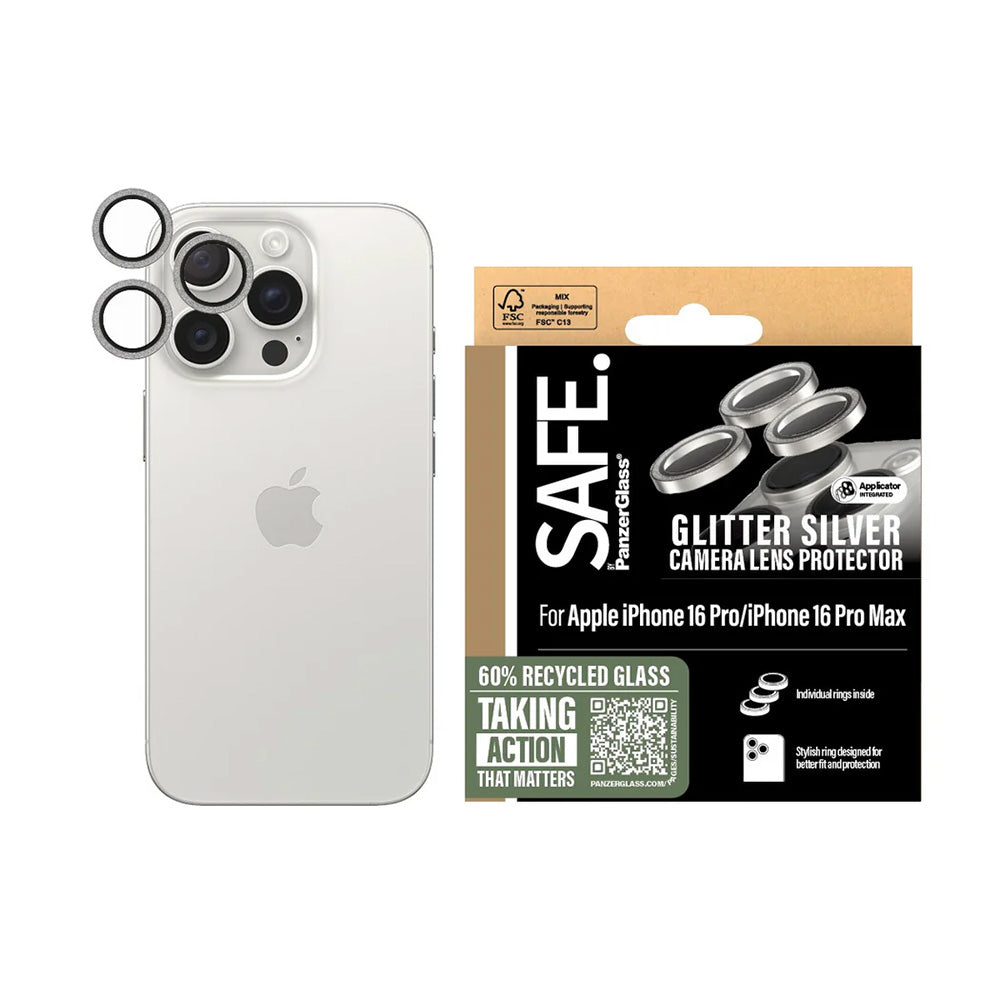 Schutzfolie PanzerGlass Safe für die Rückkamera. Glitter für Apple iPhone 16 Pro Max / 16 Pro, gehärtetes Glas, Silberfarben.