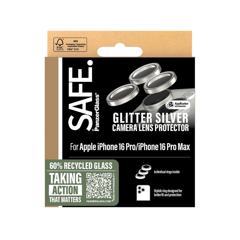 Schutzfolie PanzerGlass Safe für die Rückkamera. Glitter für Apple iPhone 16 Pro Max / 16 Pro, gehärtetes Glas, Silberfarben.