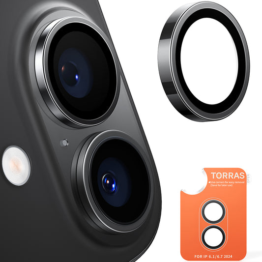 Schutzfolie Torras Lensguard für die Rückkamera des Apple iPhone 16 Plus / 16, gehärtetes Glas, Schwarz