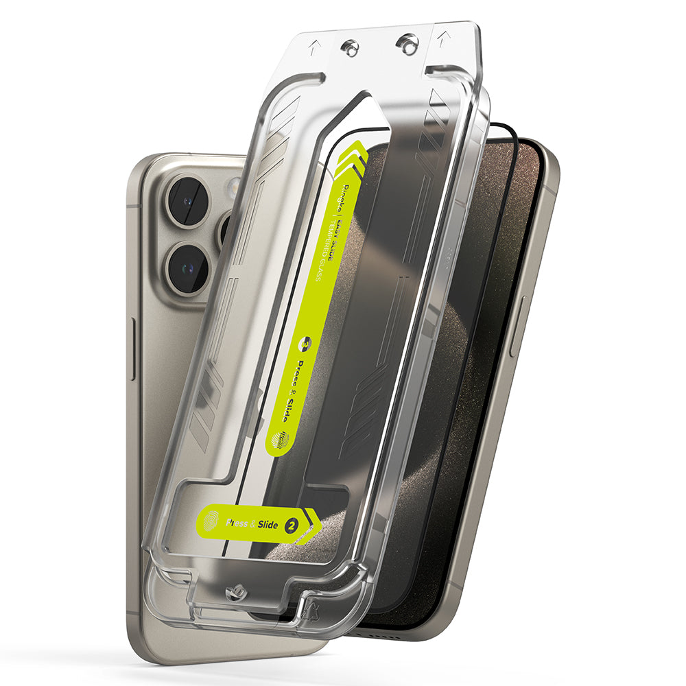 Schutzfolie Ringke Easy Slide für Apple iPhone 15 Pro Max, gehärtetes Glas, Vollkleber, Set mit 2 Stück, Schwarz