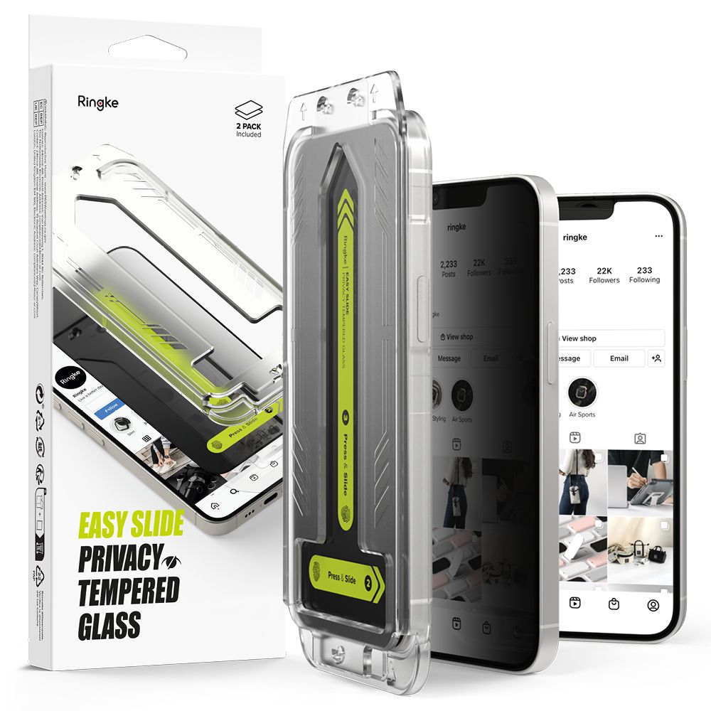 Displayschutzfolie Privacy Ringke Easy Slide für Apple iPhone 16e / 14 / 13 Pro / 13, gehärtetes Glas, Vollverklebung, Set mit 2 Stück