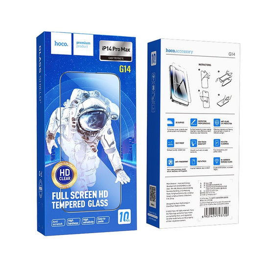 Schutzfolie HOCO für Apple iPhone 14 Pro Max, gehärtetes Glas, Full Glue, Set mit 10 Stück, Schwarz