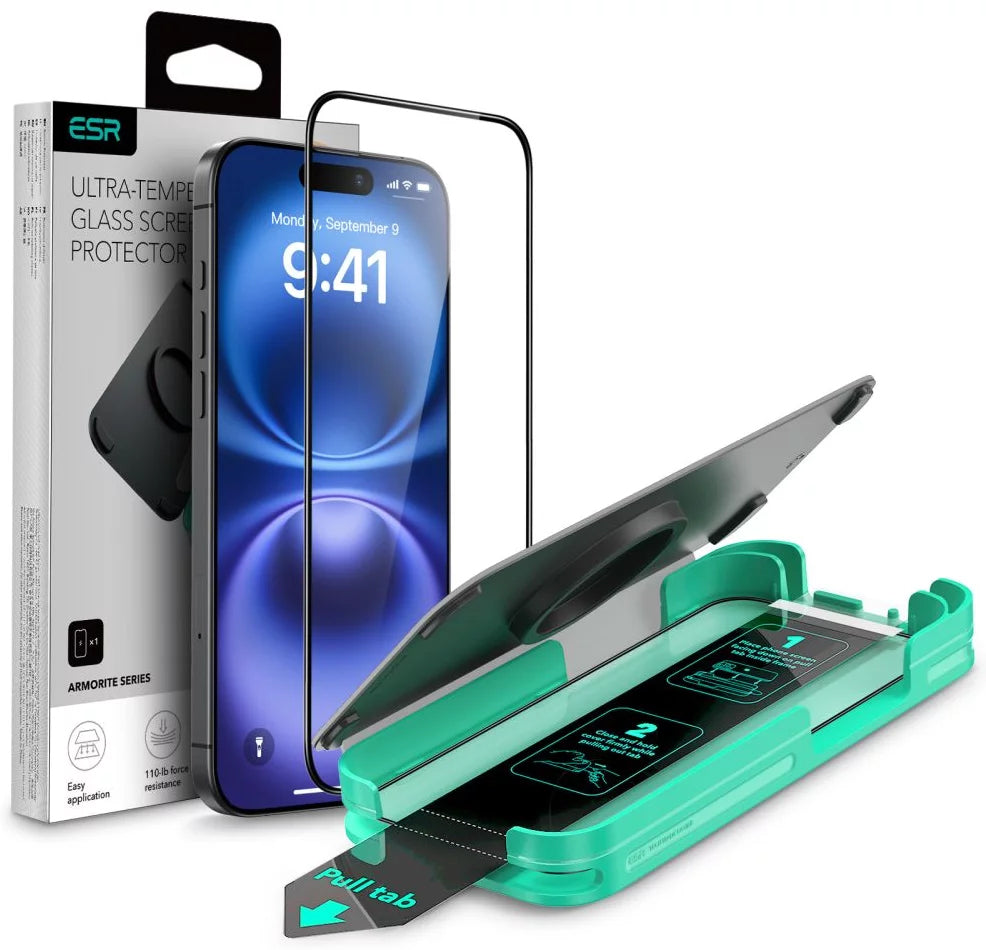 Schutzfolie ESR Armorite für Apple iPhone 16, Gehärtetes Glas, Vollkleber, Schwarz