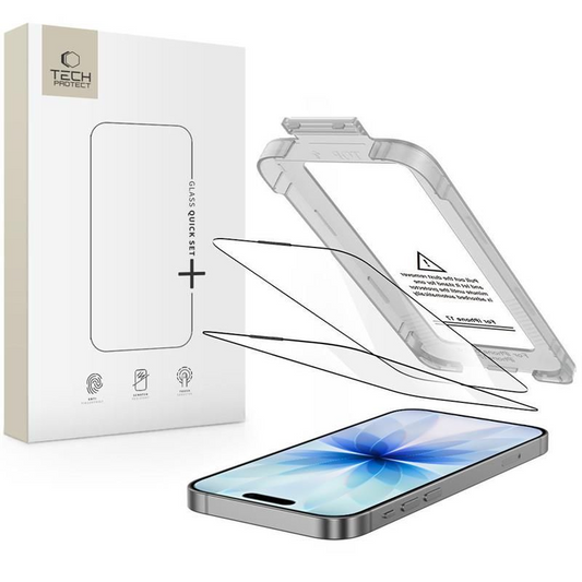 Schutzfolie Tech-Protect Quick Set+ für Apple iPhone 17, Gehärtetes Glas, Vollkleber, Set mit 2 Stück, Schwarz
