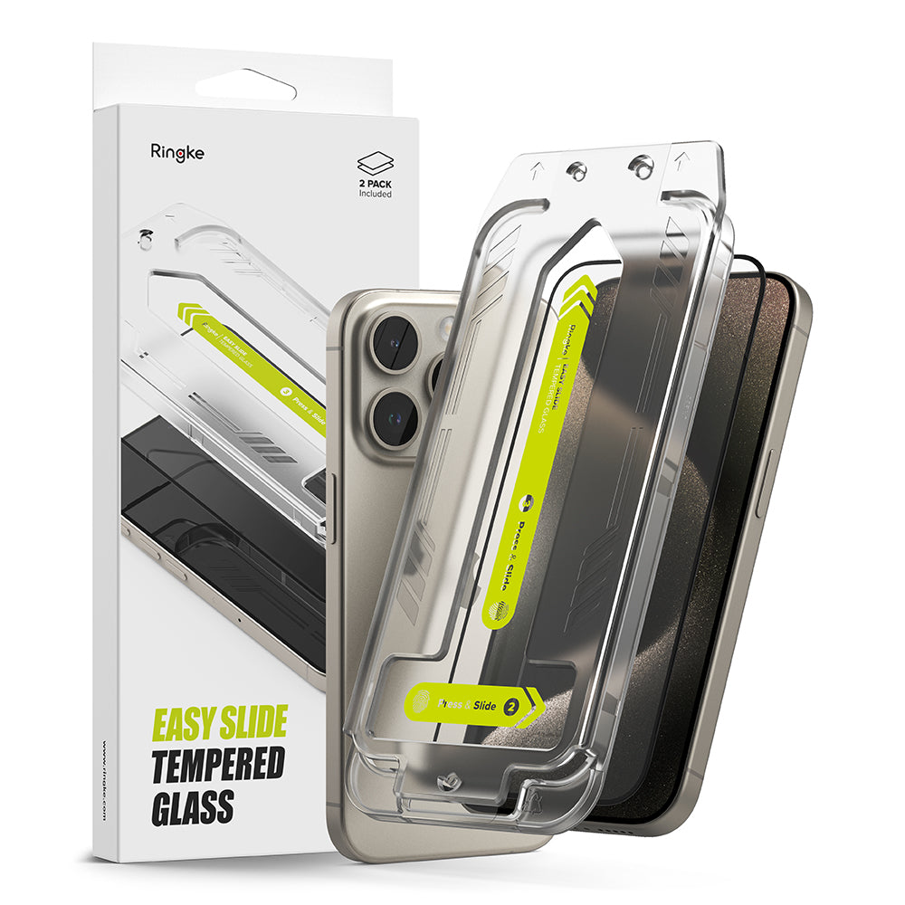 Schutzfolie Ringke Easy Slide für Apple iPhone 15 Pro Max, gehärtetes Glas, Vollkleber, Set mit 2 Stück, Schwarz