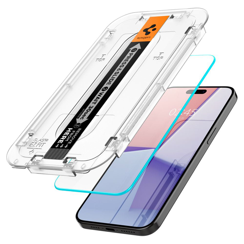 Spigen GlastR EZ FIT Displayschutzfolie für Apple iPhone 15 Pro, gehärtetes Glas, Full Glue, 2er Set AGL06892