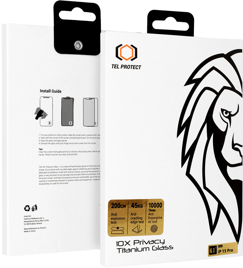 Tel Protect 10X Plus Titanium Privacy-Displayschutzfolie für Apple iPhone 17 Pro Max, gehärtetes Glas, vollflächig klebend