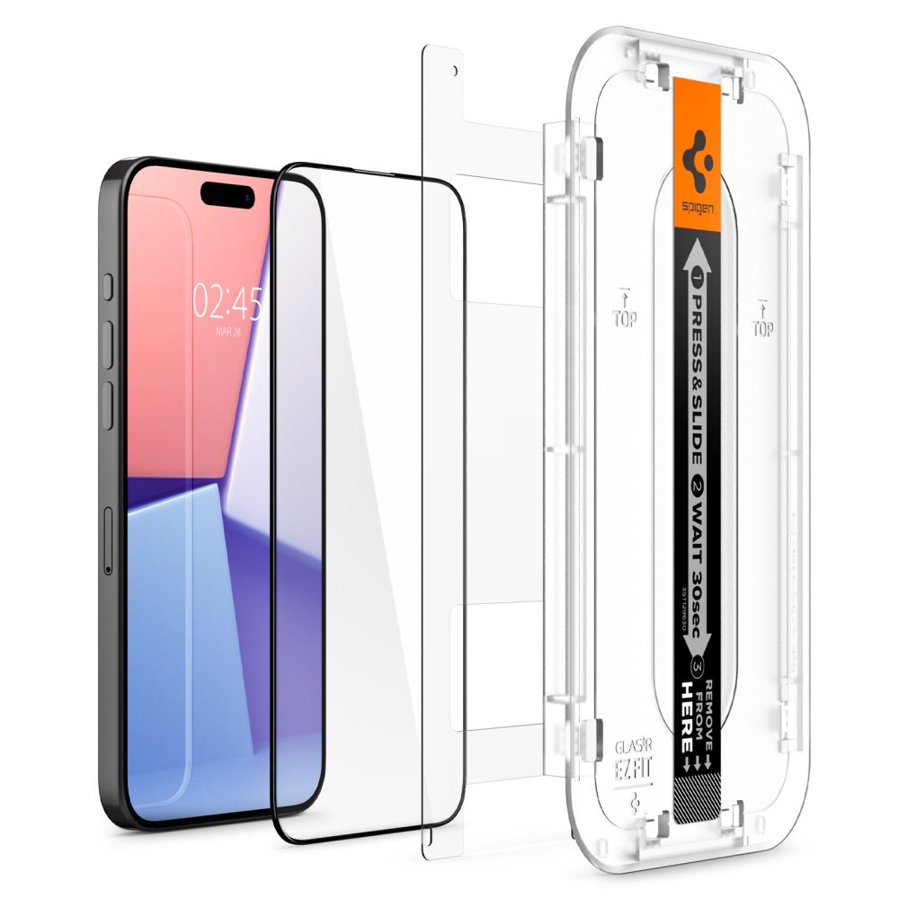 Spigen EZ FIT Displayschutzfolie für Apple iPhone 15 Pro Max, sicheres Glas, Vollkleber, 2,5D, hüllenfreundlich, Schwarz AGL06879 