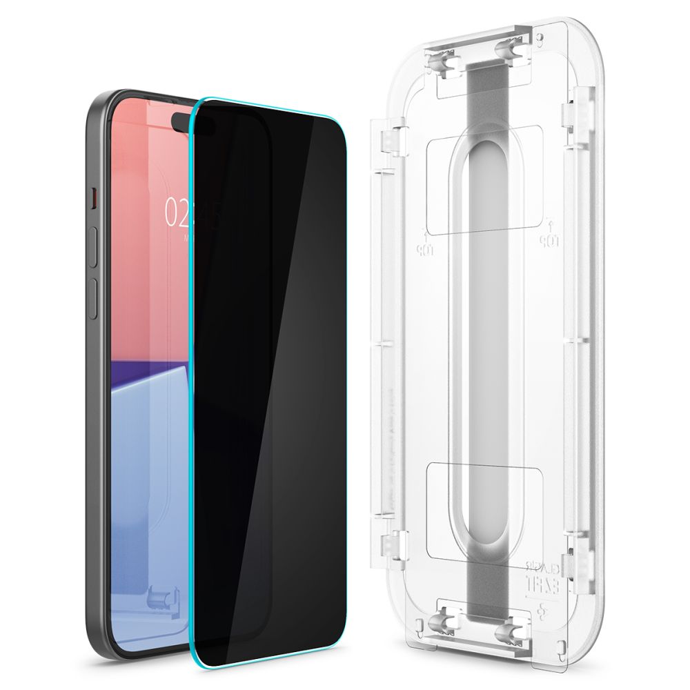 Spigen Sichtschutzfolie EZ FIT für Apple iPhone 15, sicheres Glas, Vollkleber, 2,5D AGL07121