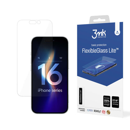 3MK FlexibleGlass Lite Displayschutzfolie für Apple iPhone 16 Pro, Flexibles Glas, Vollkleber