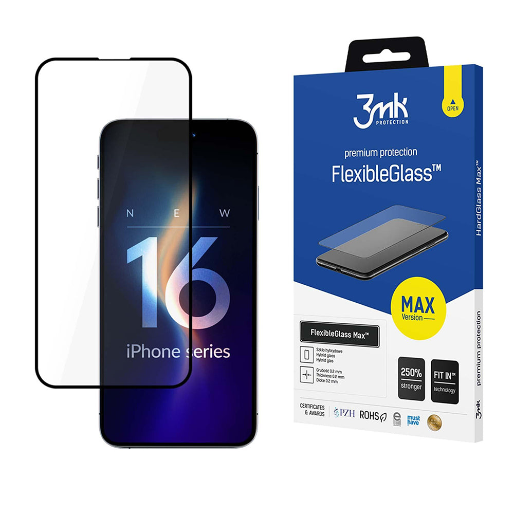 3MK FlexibleGlass Max Displayschutzfolie für Apple iPhone 16 Pro, Flexibles Glas, Vollkleber, Schwarz