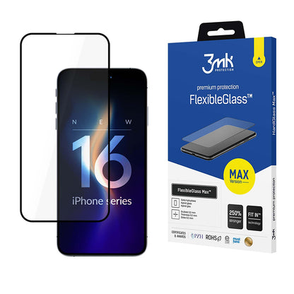 3MK FlexibleGlass Max Displayschutzfolie für Apple iPhone 16 Pro, Flexibles Glas, Vollkleber, Schwarz