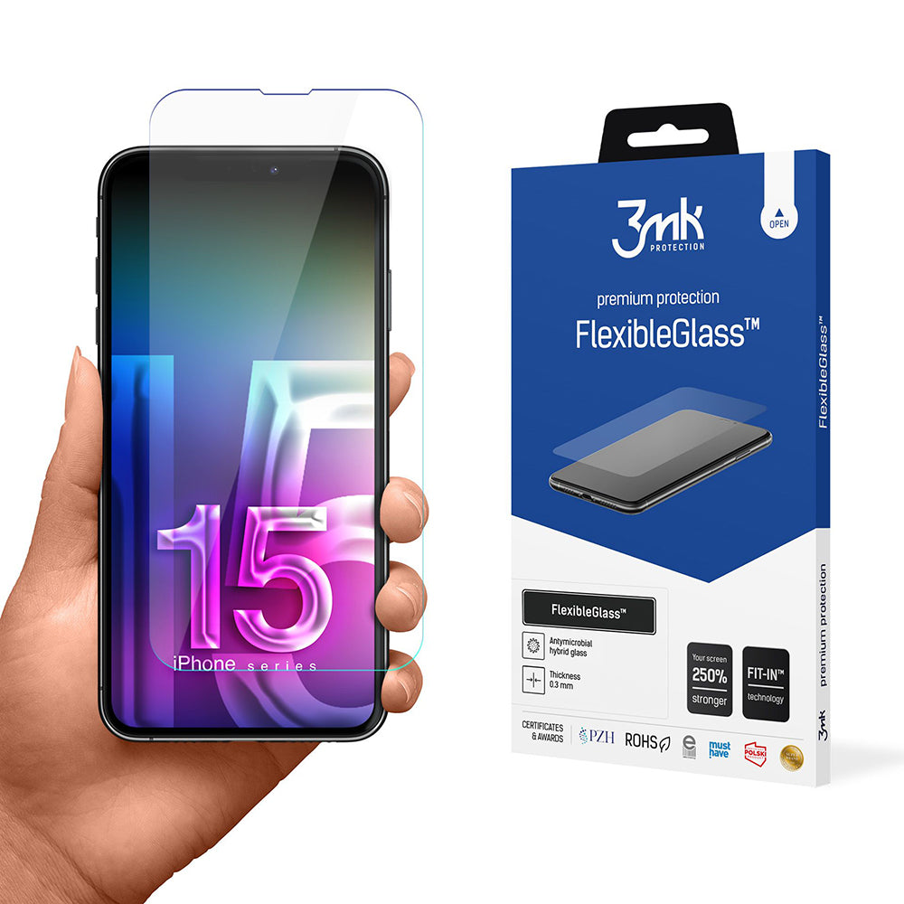 3MK FlexibleGlass Displayschutzfolie für Apple iPhone 15, Flexibles Glas, Vollkleber
