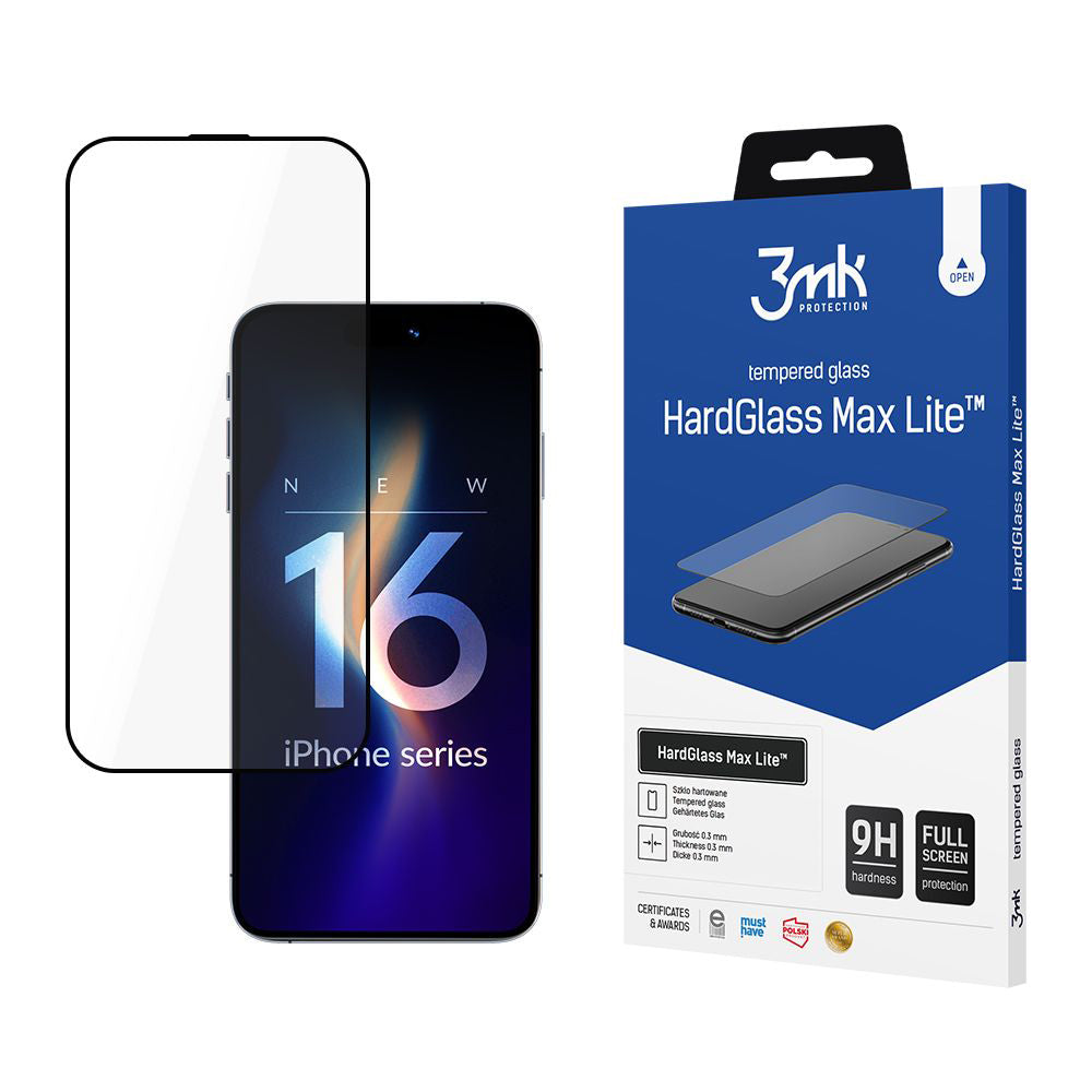 3MK HardGlass Displayschutzfolie für Apple iPhone 16 Pro Max, gehärtetes Glas, Full Glue, schwarz
