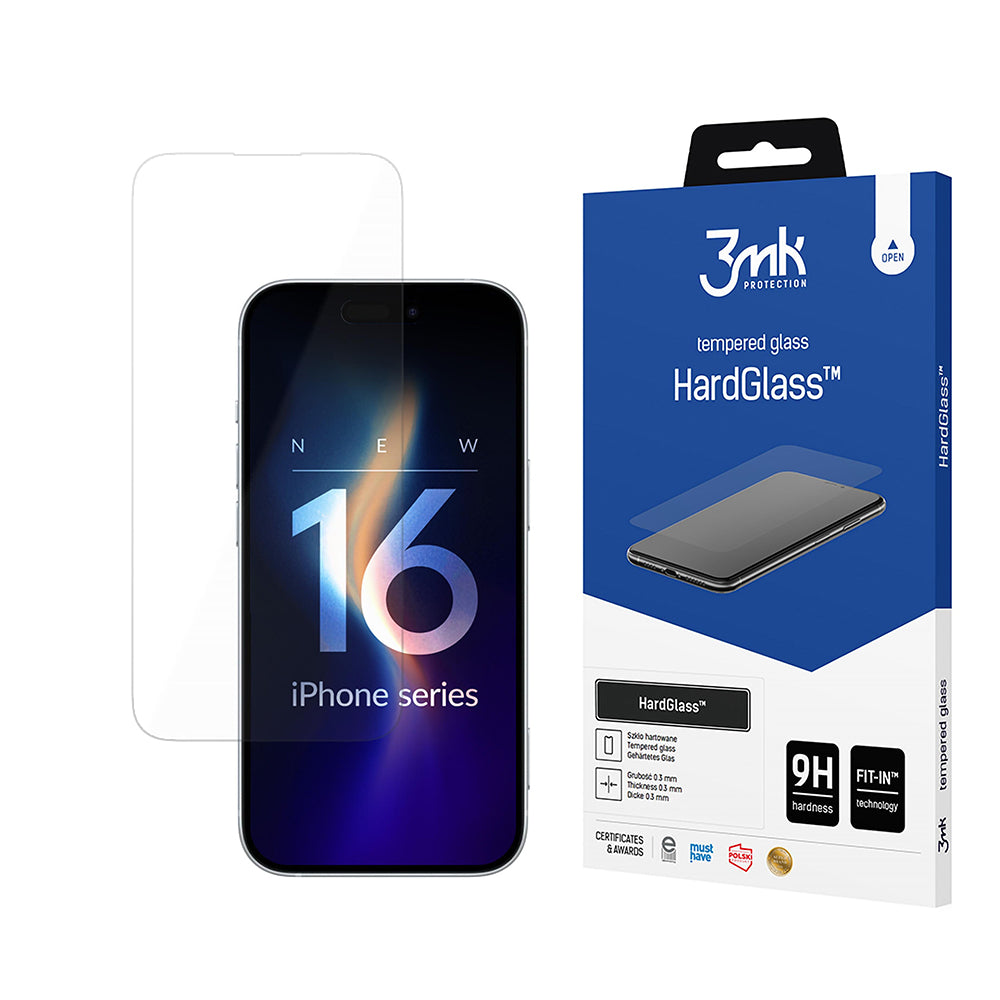 3MK HardGlass Displayschutzfolie für Apple iPhone 16, gehärtetes Glas, Full Glue