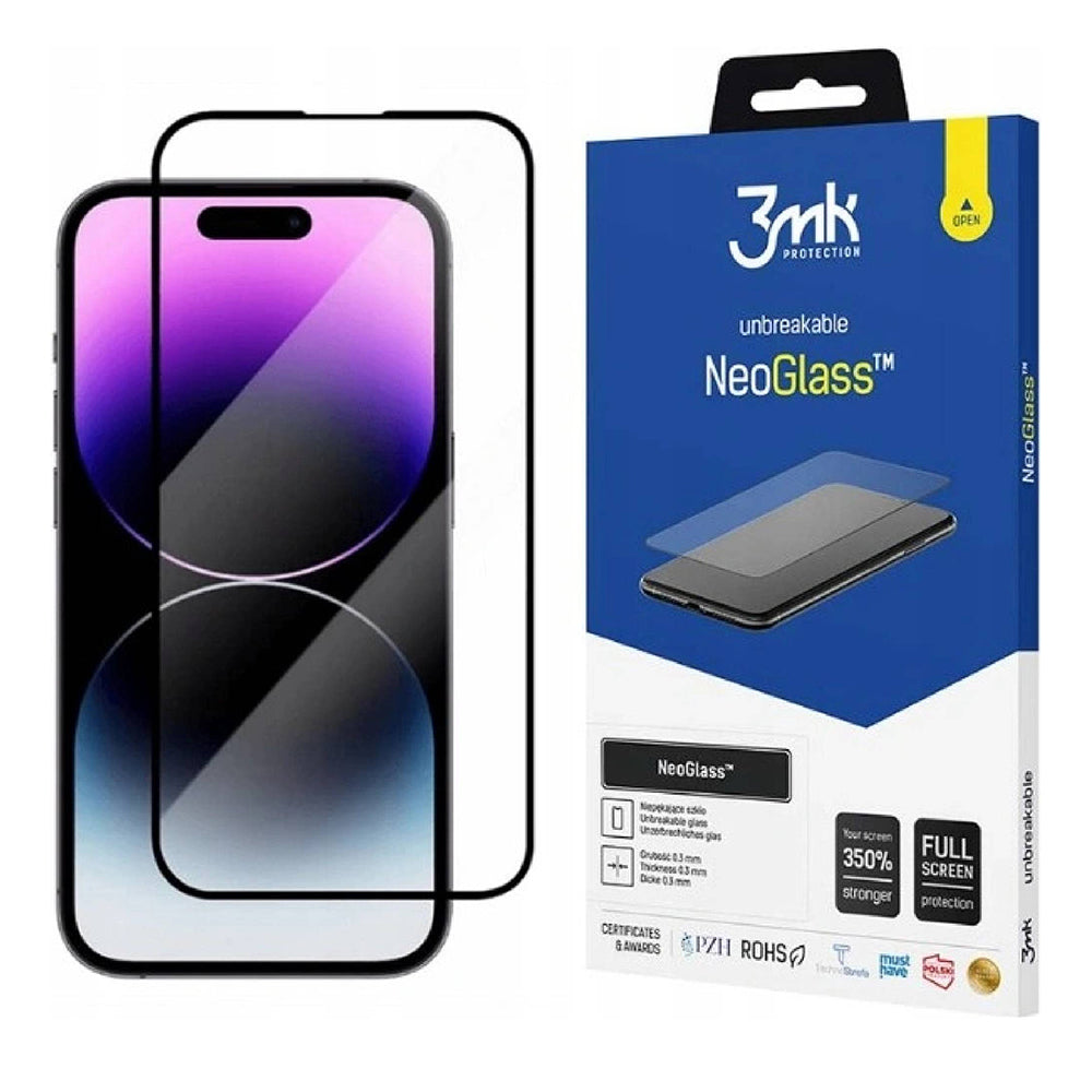 3MK NeoGlass Displayschutzfolie für Apple iPhone 14 Pro Max, gehärtetes Glas, Full Glue, Schwarz