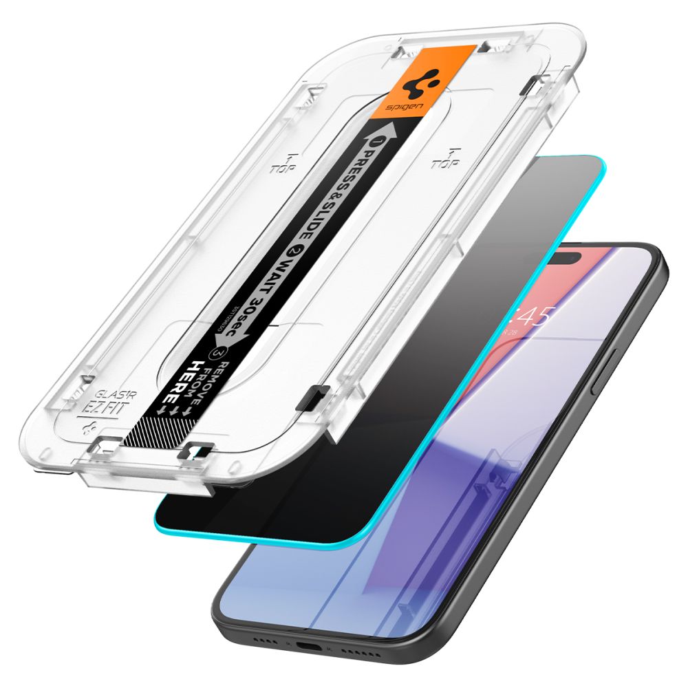 Spigen Sichtschutzfolie EZ FIT für Apple iPhone 15, sicheres Glas, Vollkleber, 2,5D AGL07121