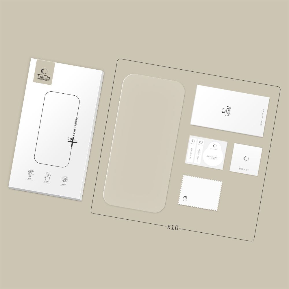 Schutzfolie Tech-Protect für Apple iPhone 17 Pro / 17 / 16 Pro, Gehärtetes Glas, Vollverklebung, Set 10 Stück