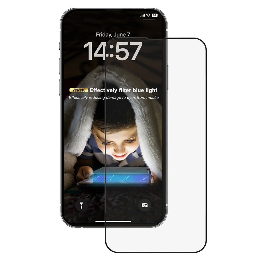 Anank Anti Blue Light Screen Protector for Apple iPhone 14 Pro, Tempered Glass, Full Glue, 2.5D, Black