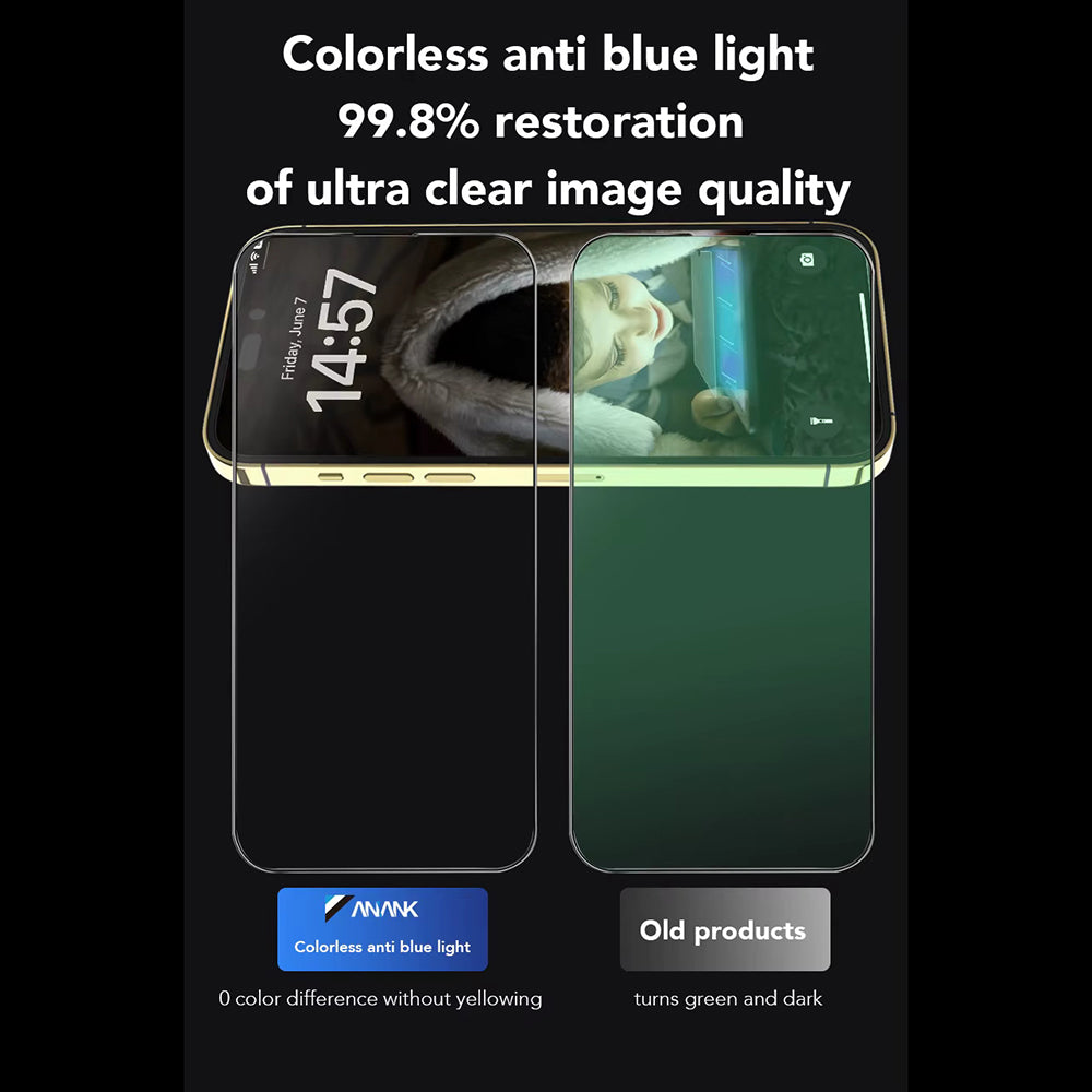 Anti-Blue-Light-Schutzfolie Anank für Apple iPhone 17e / 16e / 14 / 13 Pro, gehärtetes Glas, Full Glue, 2.5D, Schwarz