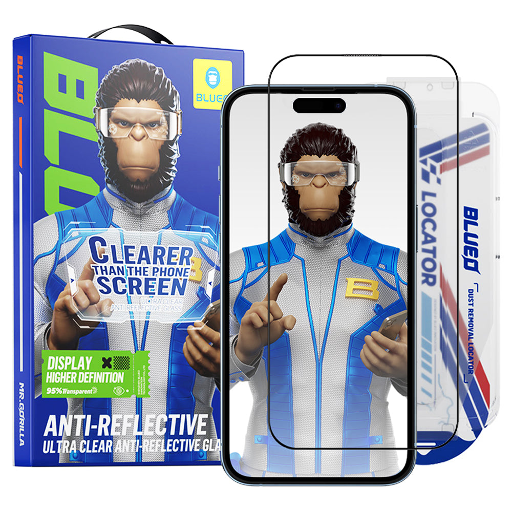 Blueo Anti-Reflektierende HD Schutzfolie mit Applicator Pro für Apple iPhone 15 Pro, gehärtetes Glas, Vollkleber, Schwarz