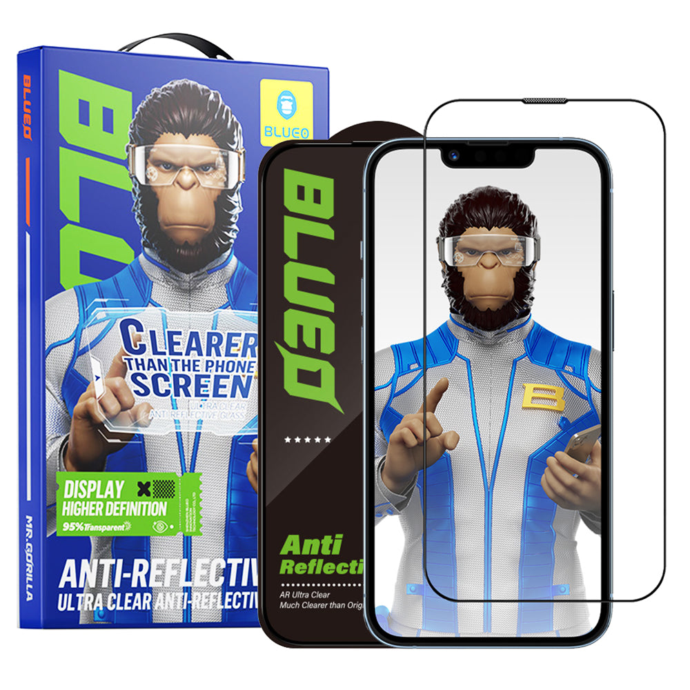Blueo Anti-Reflective HD Displayschutzfolie für Apple iPhone 17e / 16e / 14 / 13 Pro, gehärtetes Glas, Vollklebung, Schwarz