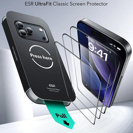 ESR UltraFit Displayschutzfolie für Apple iPhone 18 Pro / 17 Pro, gehärtetes Glas, Full Glue, 3er-Set, Schwarz