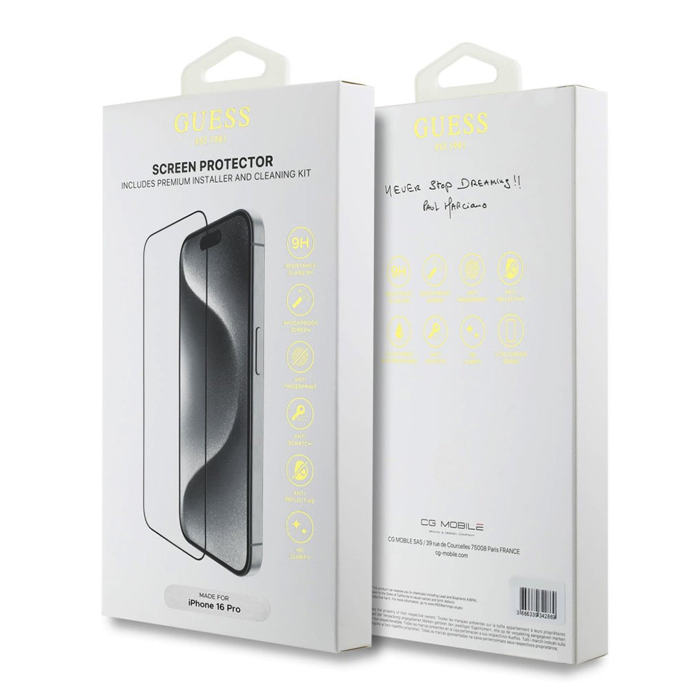 Schutzfolie Guess Classic Outline für Apple iPhone 16, Gehärtetes Glas, Full Glue, 2.5D, Schwarz GUTGP16SBOKGCIT