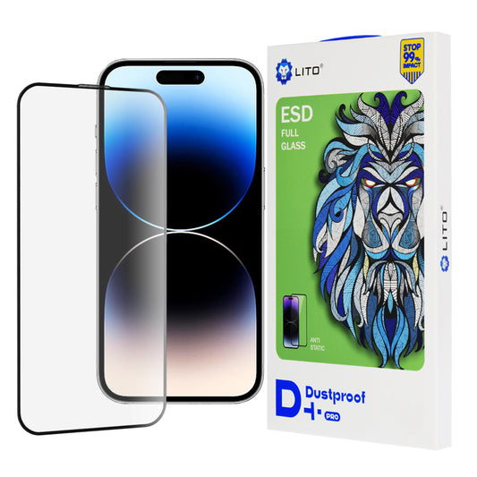 Lito D+ Pro Staubdichte Displayschutzfolie für Apple iPhone 14 Pro, gehärtetes Glas, Vollkleber, Schwarz