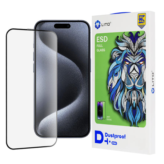 Lito D+ Pro Staubdichte Displayschutzfolie für Apple iPhone 15 Pro, gehärtetes Glas, Vollkleber, Schwarz