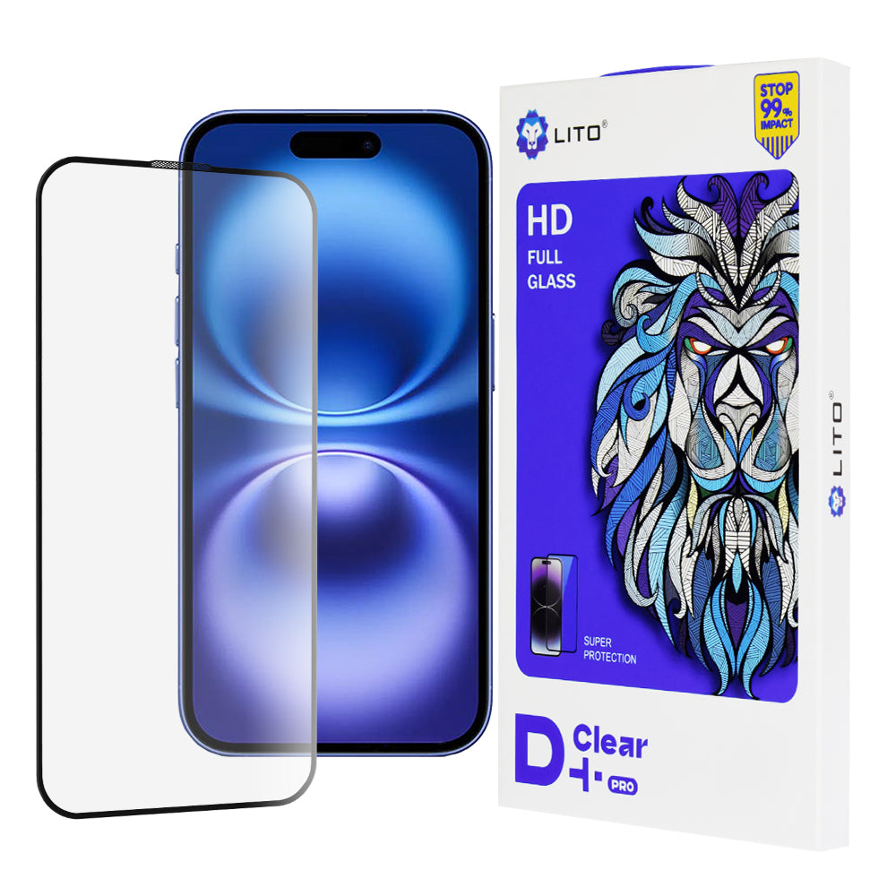 Lito D+ Pro Displayschutzfolie für Apple iPhone 16, gehärtetes Glas, Vollkleber, Schwarz