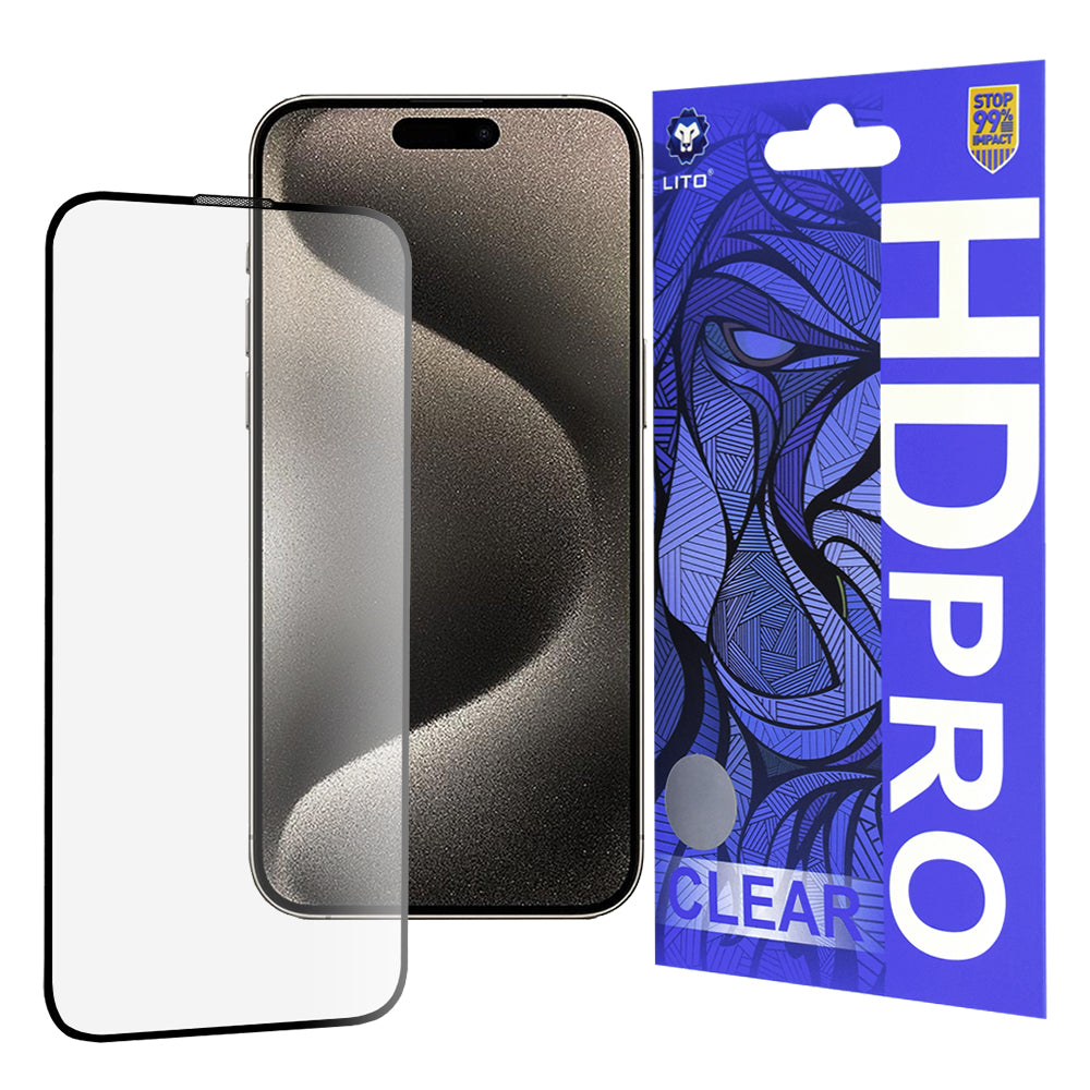 Lito HD Pro Clear Screen Protector for Apple iPhone 15 Pro Max, Tempered Glass, Full Glue, Black