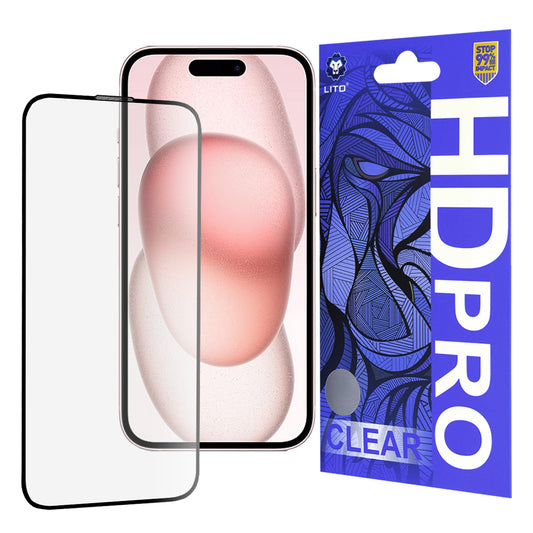 Lito HD Pro Clear Displayschutzfolie für Apple iPhone 15, gehärtetes Glas, Vollkleber, Schwarz