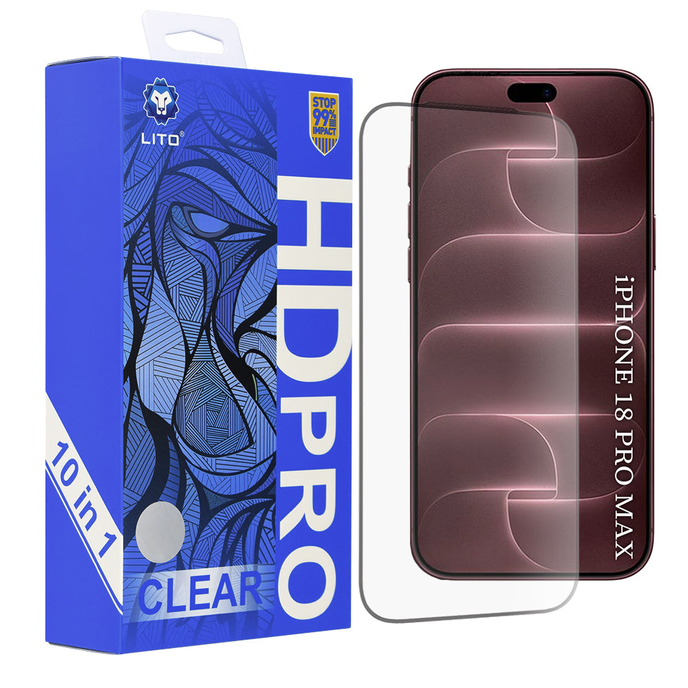 Lito HD Pro Displayschutzfolie für Apple iPhone 18 Pro Max / 17 Pro Max, gehärtetes Glas, vollflächig klebend, 10er-Set, Schwarz