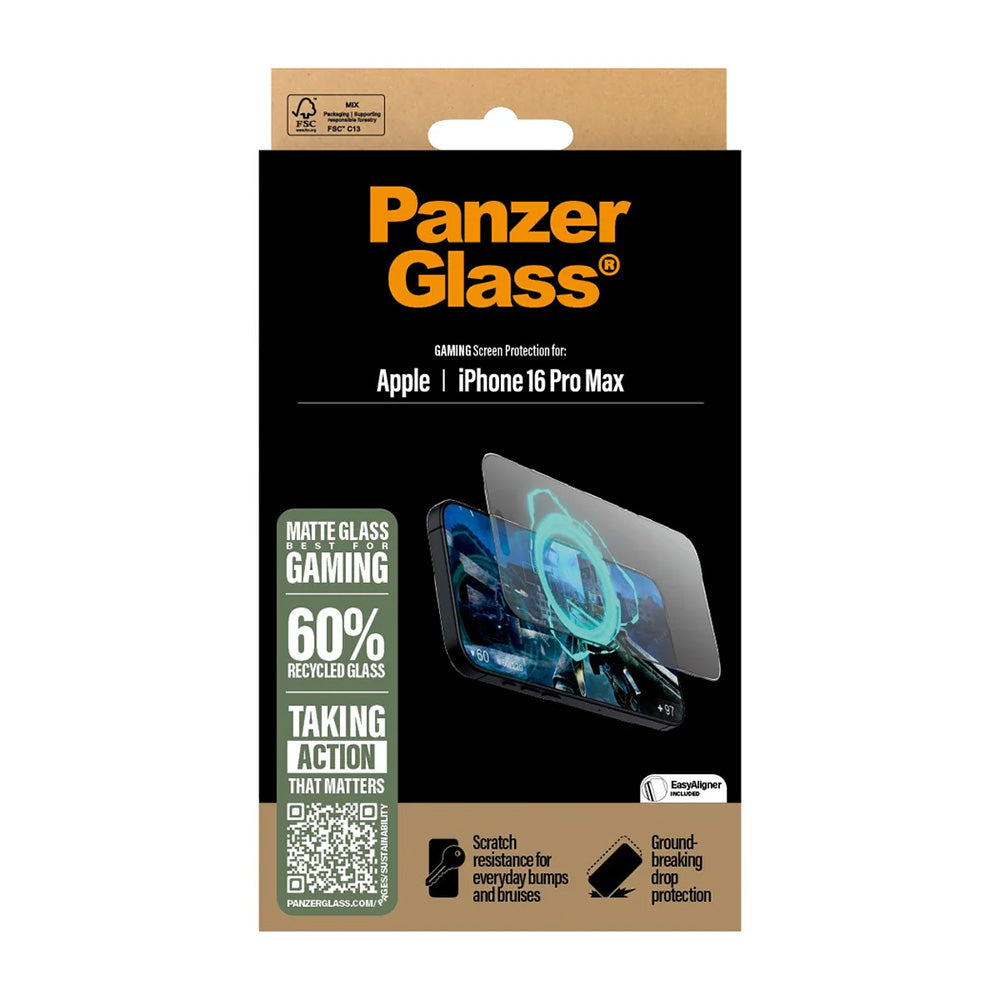 Schutzfolie Matte PanzerGlass Ultra-Wide Fit Gaming für Apple iPhone 16 Pro Max, Gehärtetes Glas, Vollverklebung, Schwarz