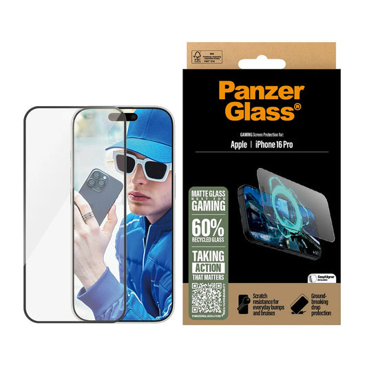 Schutzfolie Matte PanzerGlass Ultra-Wide Fit Gaming für Apple iPhone 16 Pro, gehärtetes Glas, Full Glue, Schwarz