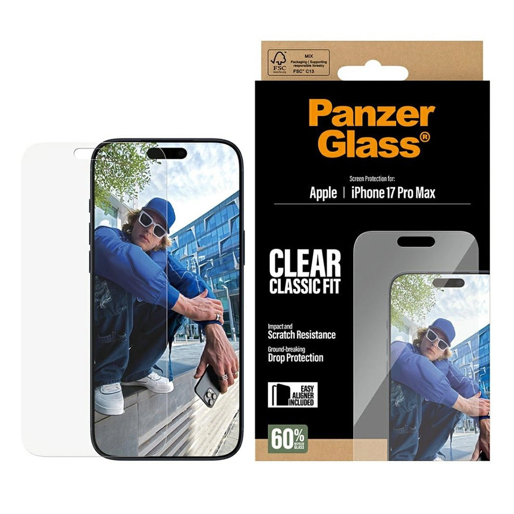 Schutzfolie PanzerGlass Classic Fit EasyAligner für Apple iPhone 17 Pro Max, gehärtetes Glas, Vollverklebung