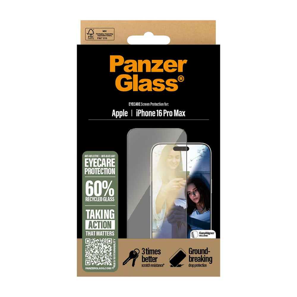 Schutzfolie PanzerGlass Ultra-Wide Fit EyeCare für Apple iPhone 16 Pro Max, gehärtetes Glas, Full Glue, Schwarz