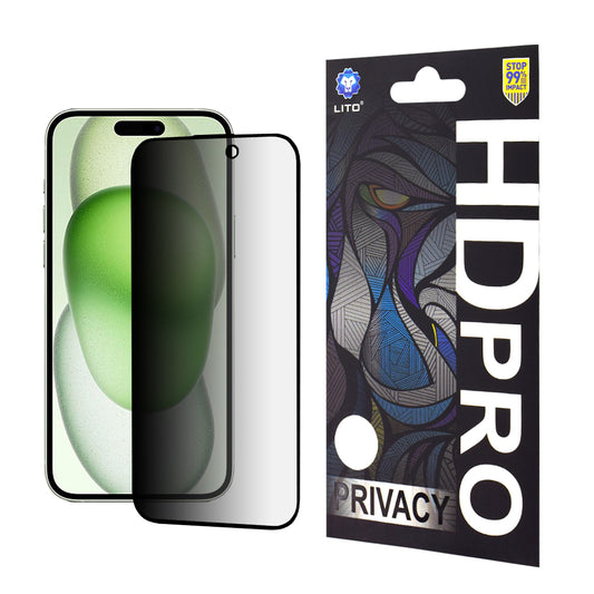 Privacy-Schutzfolie Lito HD Pro für Apple iPhone 15 Plus, gehärtetes Glas, Full Glue