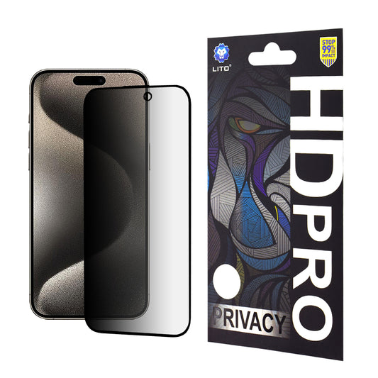 Privacy-Schutzfolie Lito HD Pro für Apple iPhone 15 Pro Max, gehärtetes Glas, Full Glue