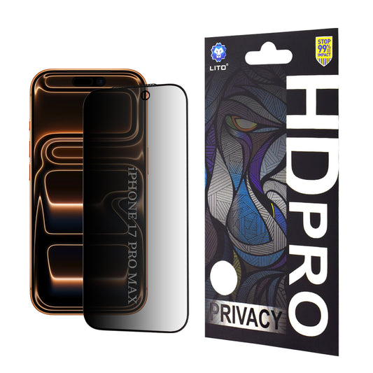 Schutzfolie Privacy Lito HD Pro für Apple iPhone 17 Pro Max, gehärtetes Glas, Full Glue