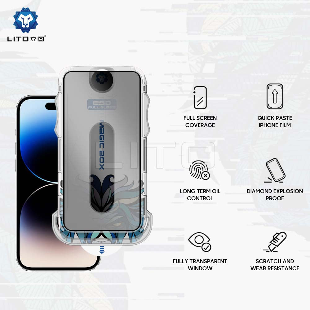 Privacy-Schutzfolie Lito Magic Glass Box D+ Tools für Apple iPhone 16 Plus, gehärtetes Glas, Vollkleber