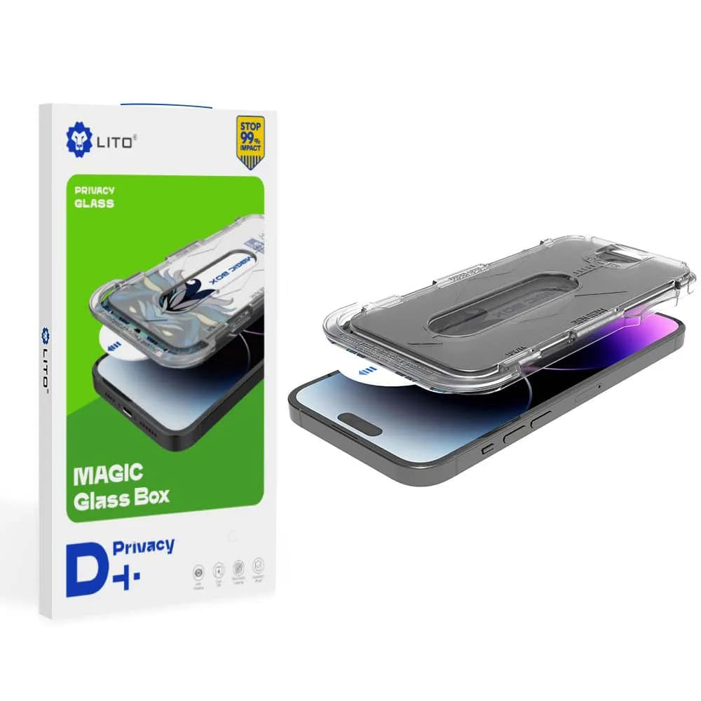 Privacy-Schutzfolie Lito Magic Glass Box D+ Tools für Apple iPhone 16, gehärtetes Glas, Vollkleber