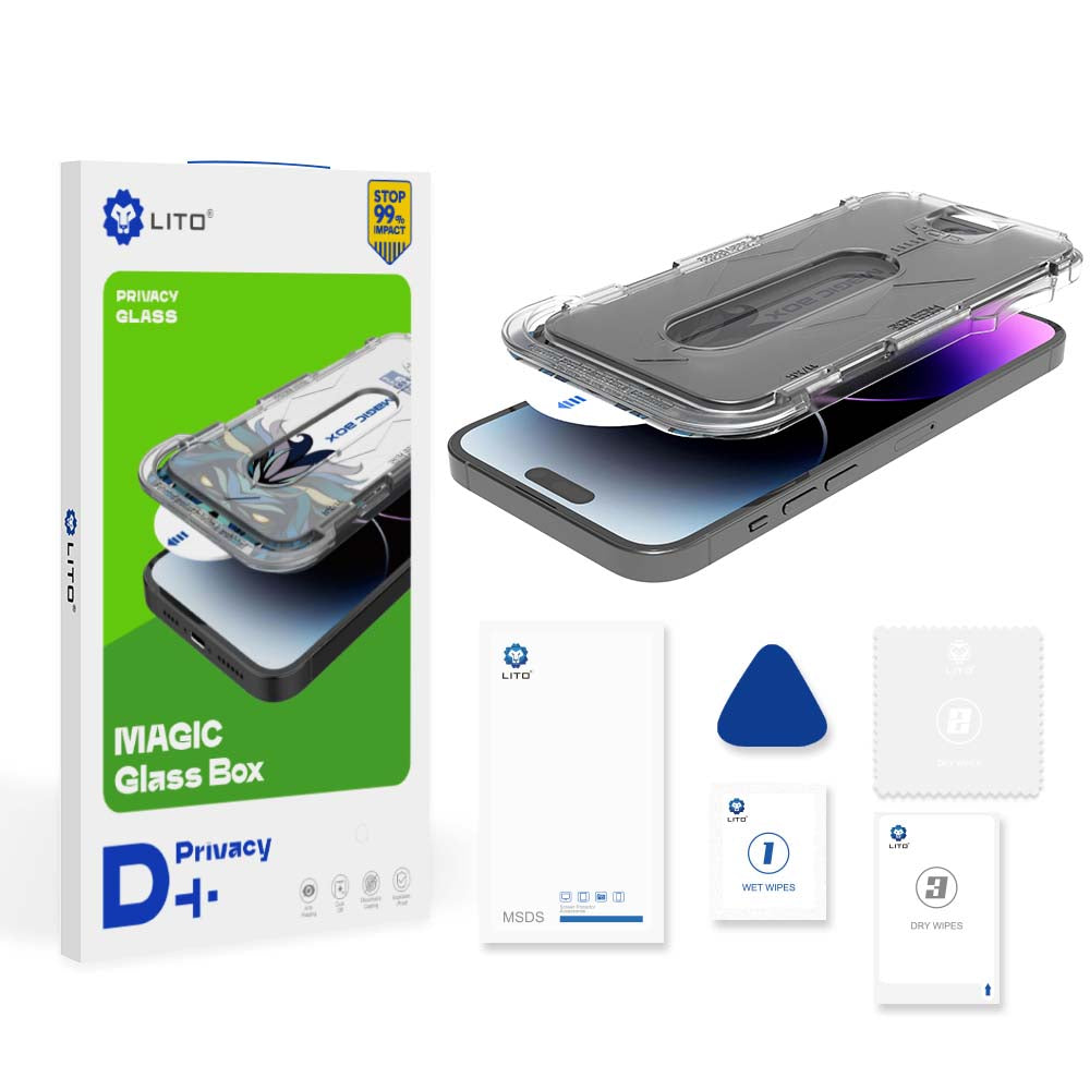 Privacy-Schutzfolie Lito Magic Glass Box D+ Tools für Apple iPhone 16, gehärtetes Glas, Vollkleber
