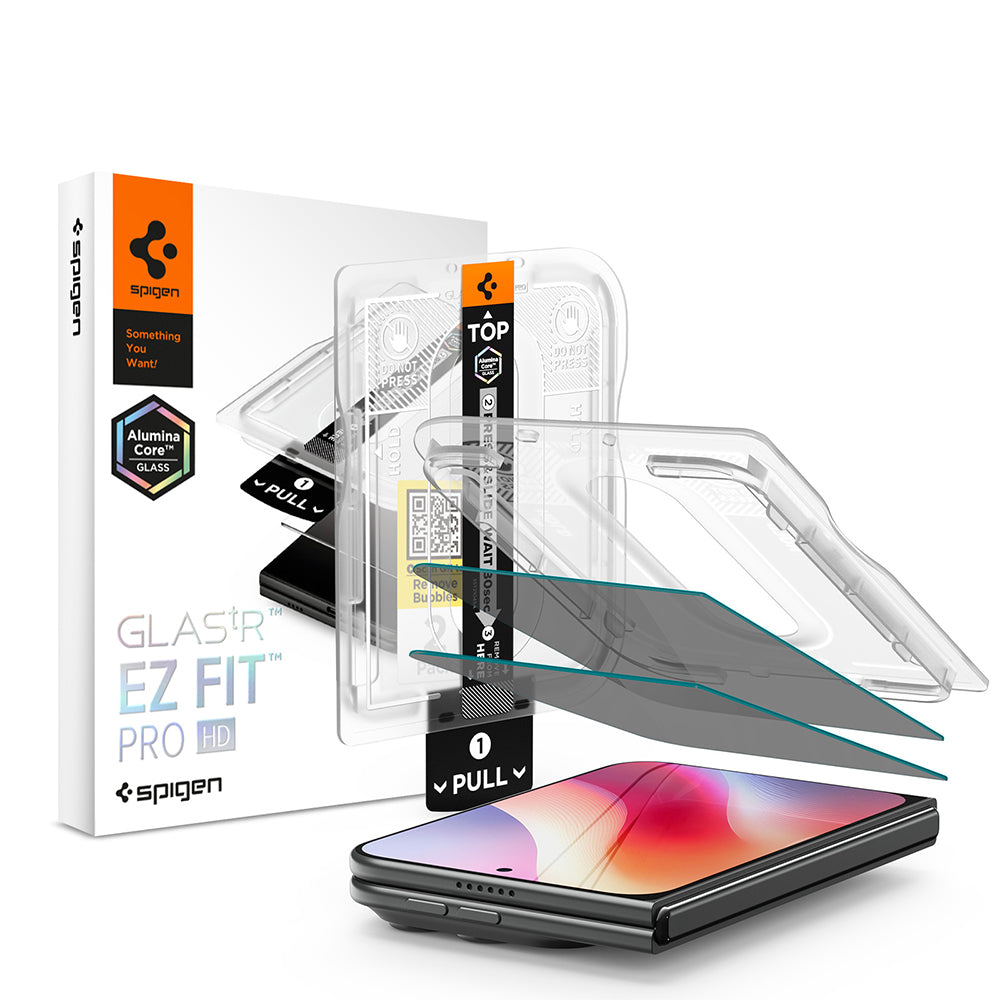 Privacy-Schutzfolie Spigen GlastR EZ FIT Pro HD für Apple iPhone Duo, gehärtetes Glas, Full Glue, 2er-Set AGL12015